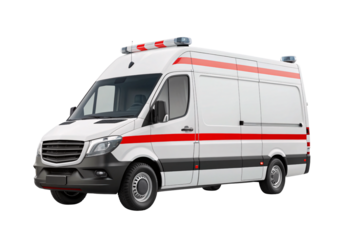 White ambulance van with red stripe and emergency lights, isolated on a transparent background