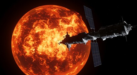 Futuristic Space Station Orbiting a Fiery Planet in Deep Space Exploration