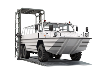 White amphibious rescue vehicle on loading ramp with overhead structure, isolated on a transparent background