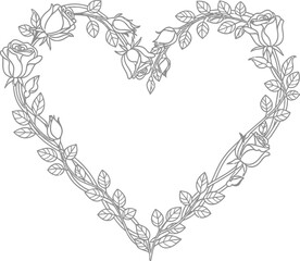 Elegant heart shaped floral frame with roses and leaves on a white background