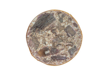 Turkish kavurma loaf with compressed browned meat fibers and rendered fat matrix, forming a dense traditional preserved meat block.