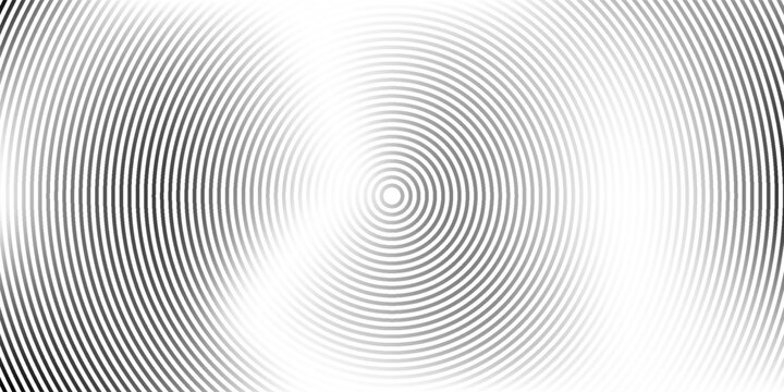 Black concentric circle texture. Radial geometric pattern background. Linear epicenter, radar, target concept. Round rippled halftone ring wallpaper for brochure, template, poster, overlay. Vector
