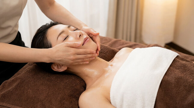 フェイシャルエステを受ける女性のリラクゼーションシーン。美肌ケアや美容施術の広告に使える落ち着いたサロンイメージ｜Relaxing facial treatment scene with a woman receiving skincare therapy, ideal for beauty salon and skincare advertising