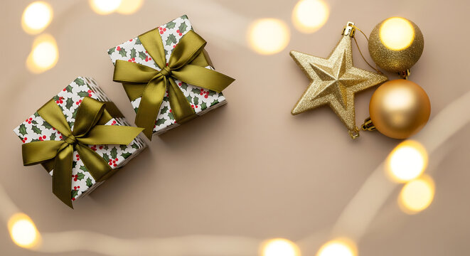Festive holiday presents with a warm and inviting golden star and ornaments - Powered by Adobe