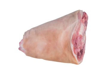 Raw pork knuckle with bone on white background showing fresh meat texture perfect for culinary use recipes butchery and food styling.