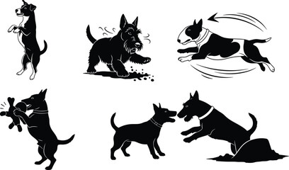 Dog silhouette collection featuring various breeds like Terrier and Bull Terrier showing actions such as playing, barking, jumping, and digging, isolated vector set.