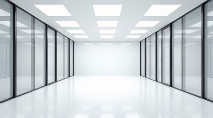 Fototapeta premium A bright, minimalist corridor: glass partitions, white walls, and a grid-lit ceiling.
