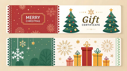 Two christmas themed gift certificate banners with trees gifts and snowflakes displayed