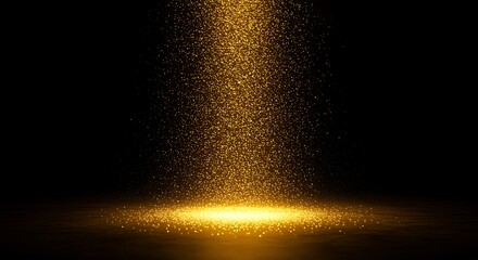 Golden particles falling illuminating surface for product presentation and background