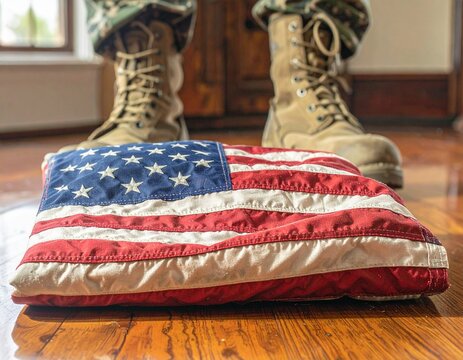 US flag folded on wooden floor with military boots in the background, patriotic concept
