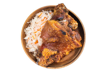 Crispy roasted pork knuckle with deep maillard browning served over fermented cabbage slaw in a wooden bowl on clean white background.