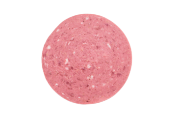 Thin round slices of Turkish salam beef sausage arranged on a clean white background ideal for deli food stock charcuterie and recipe visuals