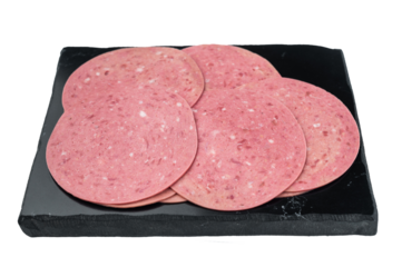Even thin cuts of Turkish beef salam sausage layered on minimal white background great for sandwich prep gourmet deli menus and cooking content