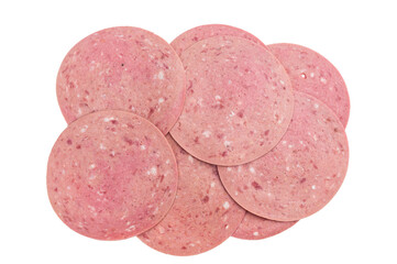 Smooth pink luncheon style beef salam slices displayed on bright white backdrop perfect for bologna and mortadella themed deli images