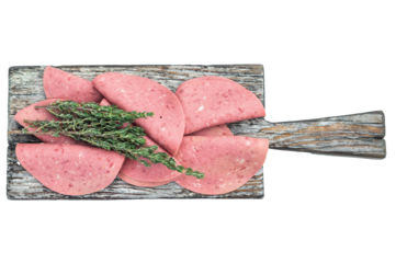 Smooth pink Turkish salam beef slices folded on aged wooden board with thyme sprigs perfect for charcuterie gourmet themes and recipe images