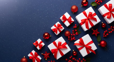 Festive overhead view of white Christmas gifts with bright red ribbons scattered on a dark blue, starry background for holiday promotions