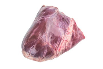 Raw heart muscle used in pork cuisine showing natural texture and connective tissue isolated on white for culinary visuals.