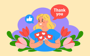 A woman stands confidently, holding cards adorned with heart symbols, expressing gratitude and appreciation. The flowery background emphasizes positivity and emotional connections.