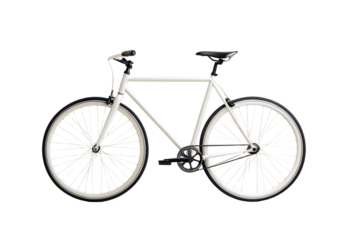 White single-speed city bicycle with black tires and clean design, isolated on a transparent background