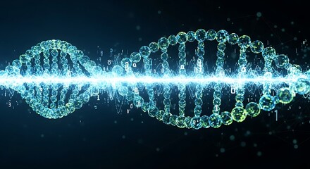 Stunning DNA strand with futuristic digital data visualization, perfect for science research, medical breakthroughs, and biotechnology innovations