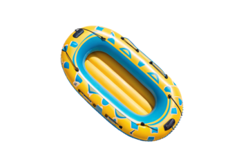 Yellow and blue inflatable dinghy with geometric pattern and handles, isolated on a transparent background