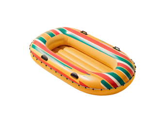 Colorful striped inflatable boat with yellow orange green and red pattern, isolated on a transparent background