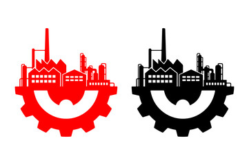 Industrial Factory Icon with Gear Mechanism in Red and Black