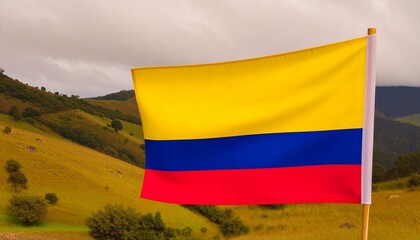 Colombian flag waving in hilly landscape, featuring yellow, blue, and red horizontal stripes.