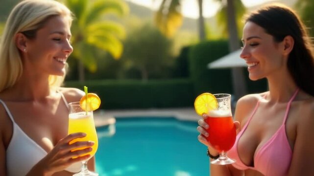 Two women enjoying time together by the pool, toasting with drinks