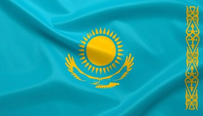 Kazakhstan flag with sky blue field, golden sun, eagle, and ornamental pattern symbolizing unity and heritage.