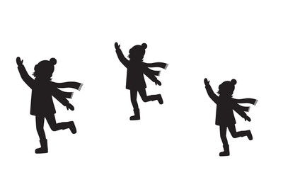 Fototapeta premium Three silhouetted children dancing joyfully with arms raised in celebration against a white background