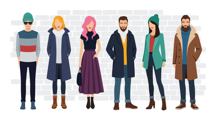 Obraz premium Group of diverse young people standing in front of a brick wall, showcasing a variety of stylish casual and semi-formal autumn and winter fashion outfits.
