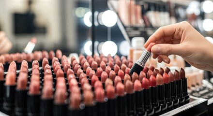 Young woman selecting lipstick from a vibrant display of various shades in a cosmetics store, showcasing beauty products and the excitement of shopping for makeup essentials