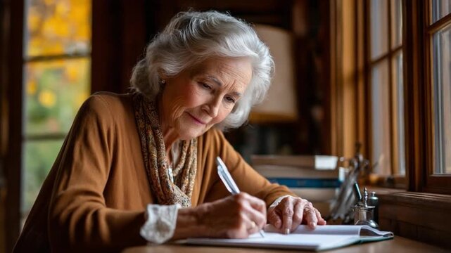 Golden Moments of Reflection: An elderly woman, etched with the wisdom of years, pens her thoughts by a sunlit window. In this moment.