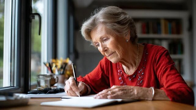 Serene Moment: A focused elderly woman composes a letter, deeply engrossed in her thoughts. Her peaceful expression captures the quiet contemplation as she writes with pen on paper.