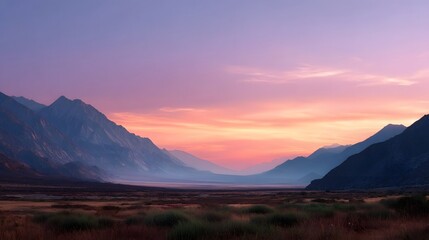 Dramatic mountain valley landscape bathed in the vibrant colors of a sunrise or sunset