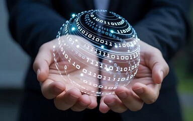 Hands Presenting a Holographic Data Globe with Binary Code — Digital Communication and Tech Innovation Concept