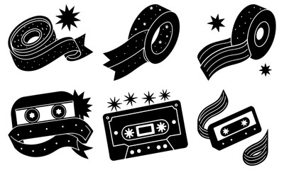 Collection of retro cassette tapes and rolls of tape with star accents in black and white style