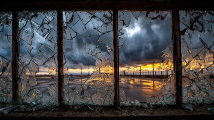 Broken window glass framing storm clouds and glowing sunset horizon