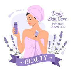 A serene woman enjoying her skincare routine while holding organic products, surrounded by lavender, promoting relaxation, beauty, and self-care in a calming ambiance.