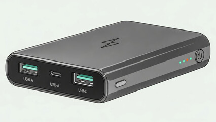 Fototapeta premium Stylized Power Bank with Lightning Bolt Symbol – USB-A and USB-C Charging Ports with LED Indicators