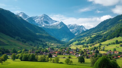 Scenic view of an alpine village nestled in a green valley among snow-capped mountains. Idyllic European landscape for travel and vacation.