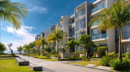 Modern apartment building with condominium facade and green palm trees. Residential complex architecture for resort living and real estate development.