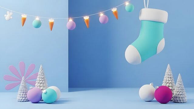 Festive 3d rendering of a bright blue holiday scene with hanging stocking, string lights, and decorative winter trees and ornament baubles on a light blue surface - Powered by Adobe