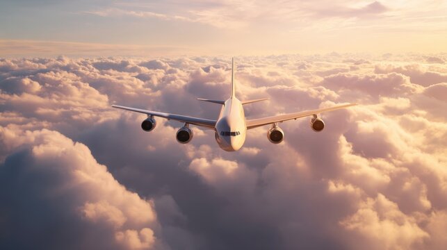 Fototapeta Passenger airplane flying above clouds at sunset. Concept of travel, vacation, business trip, journey, aviation for tourism advertisement.