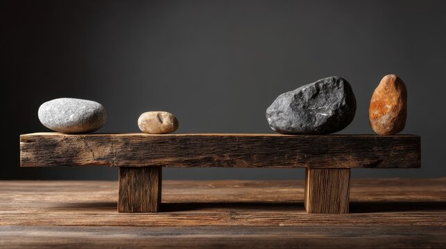 Four different shaped and colored stones on a wooden plank representing balance and stability. Natural elements and harmony concept.