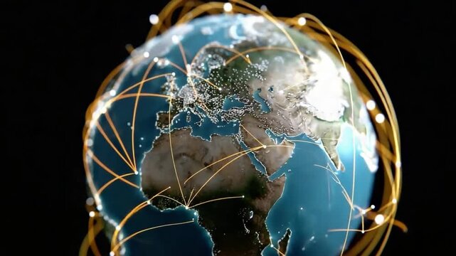 Global Connections: An interconnected network of golden lines and glowing nodes encircles the earth, symbolizing global communication and technological advancement, all against a dark background.