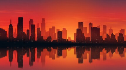 City skyline silhouette with reflection at sunset. Urban landscape with buildings against an orange and red sky. Modern architecture concept.