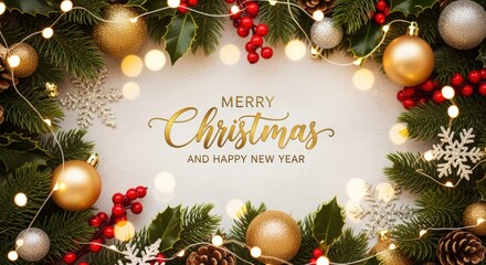 Joyful christmas celebration with golden ornaments and greenery festive home decor bright and cheerful atmosphere warm indoor setting holiday spirit seasonal greetings