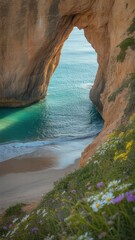 A stunning coastal view featuring a natural arch, turquoise water, and vibrant flowers along the cliffside, creating a picturesque beach scene.